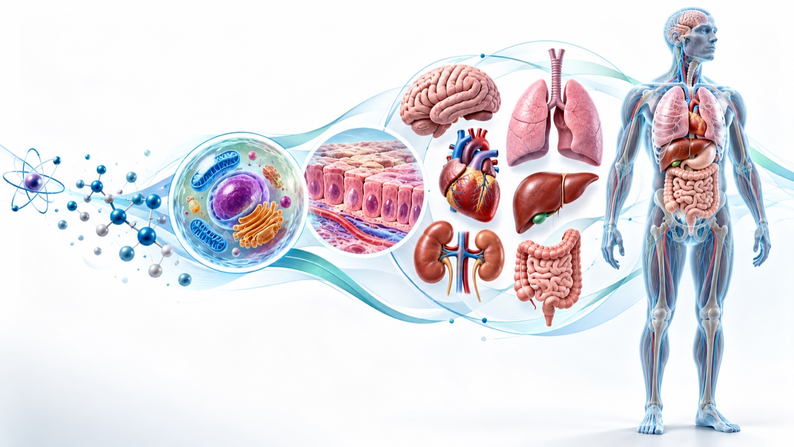 Illustration flowing from atoms and molecules to a cell, epithelial tissue, organs such as the brain, heart, lungs, liver, kidneys, and intestines, and finally a complete human body