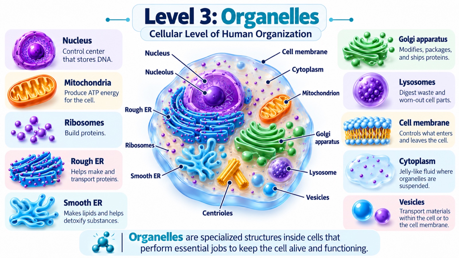 Level 3 infographic: a labeled animal cell showing the nucleus, nucleolus, mitochondria, ribosomes, rough and smooth endoplasmic reticulum, Golgi apparatus, lysosomes, vesicles, centrioles, cell membrane, and cytoplasm, each with its function