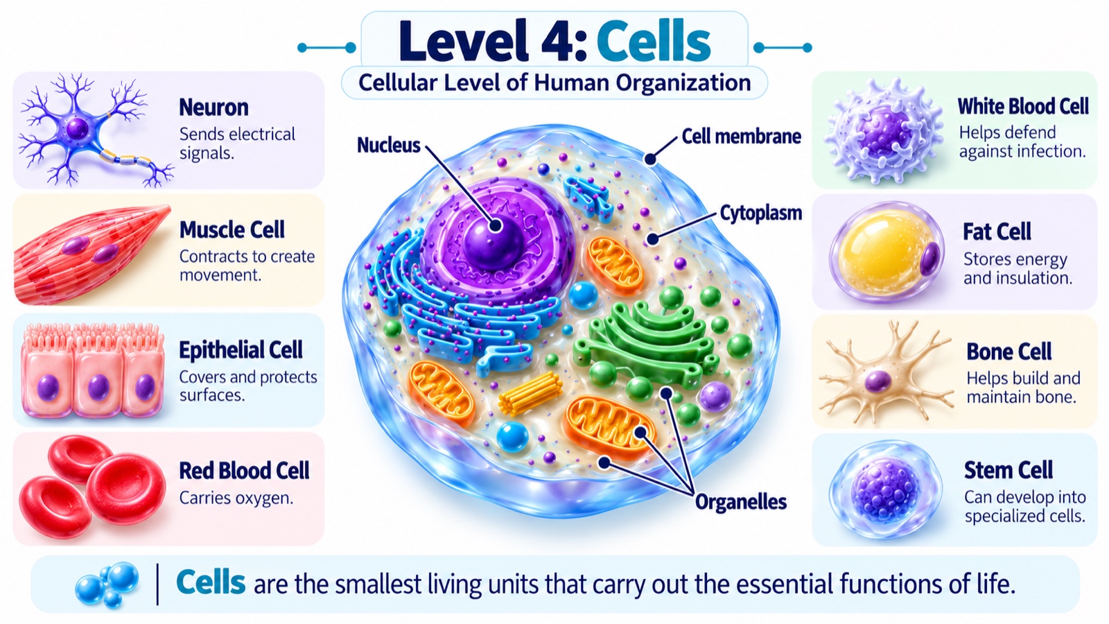 Level 4 infographic: a complete animal cell with its nucleus, cytoplasm, cell membrane, and organelles, surrounded by specialized human cells — neuron, muscle cell, epithelial cell, red blood cell, white blood cell, fat cell, bone cell, and stem cell