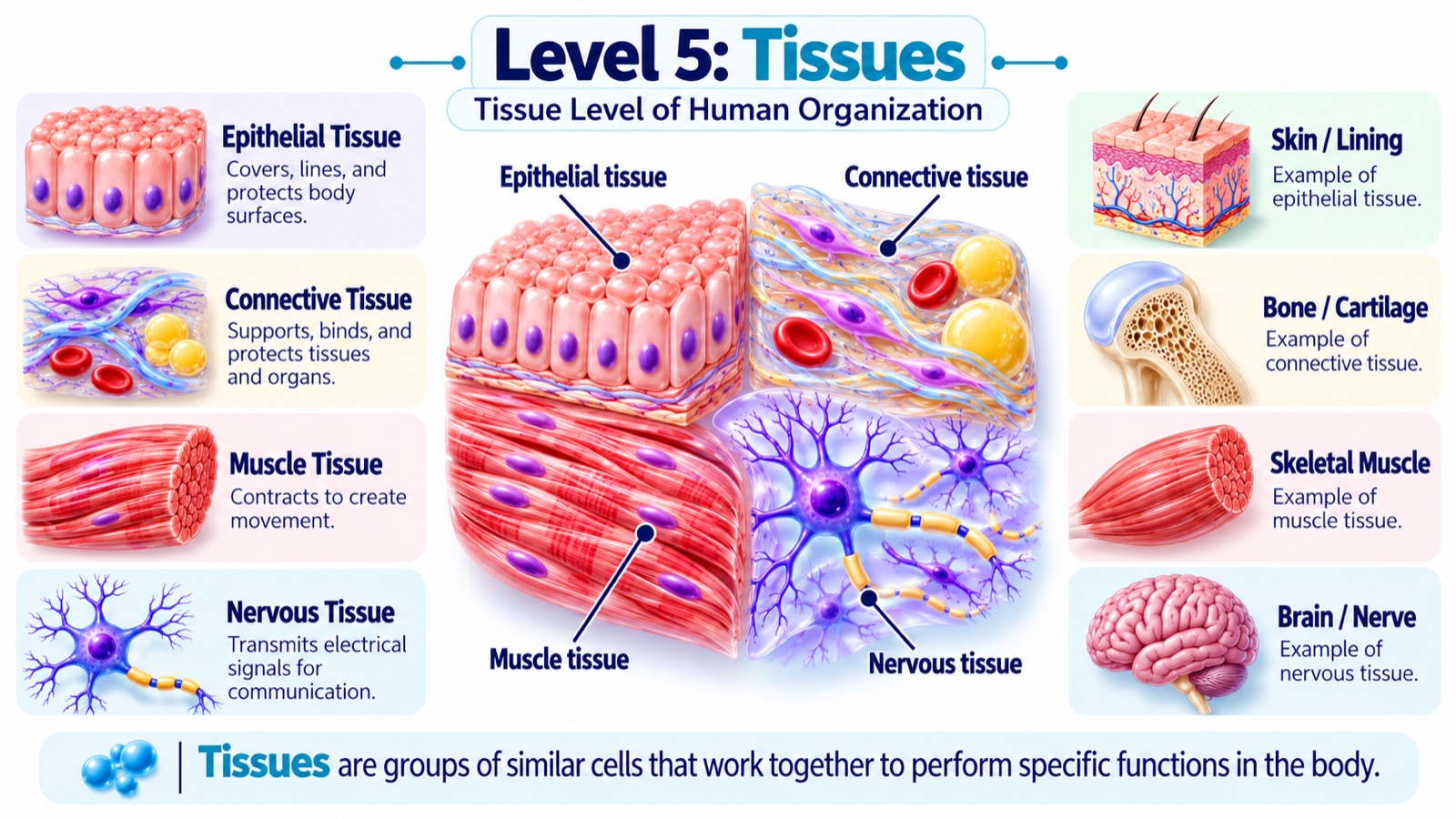 Level 5 infographic: the four basic tissue types — epithelial, connective, muscle, and nervous tissue — shown side by side, with body examples including skin, bone and cartilage, skeletal muscle, and the brain