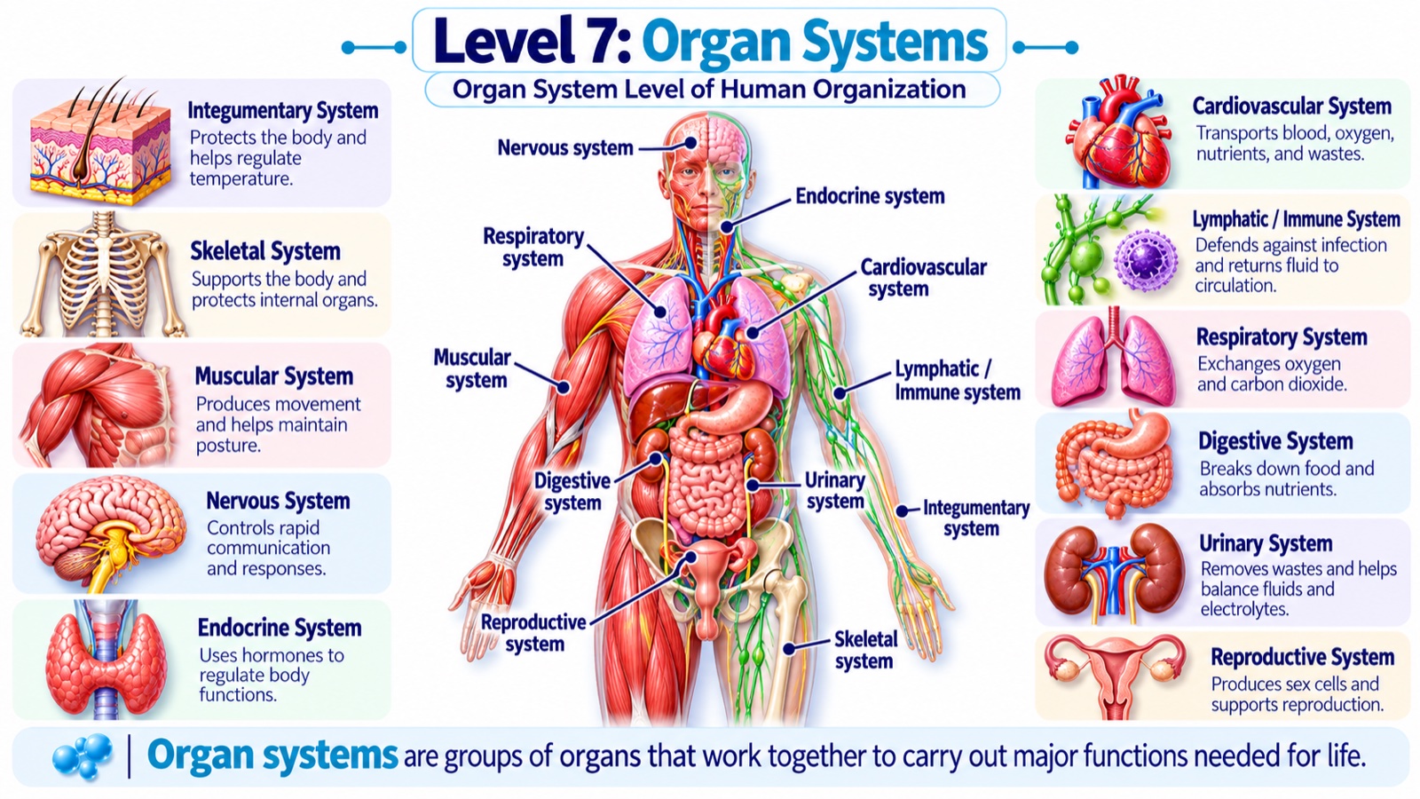 Level 7 infographic: a human body showing the eleven organ systems — integumentary, skeletal, muscular, nervous, endocrine, cardiovascular, lymphatic and immune, respiratory, digestive, urinary, and reproductive — each with its main function