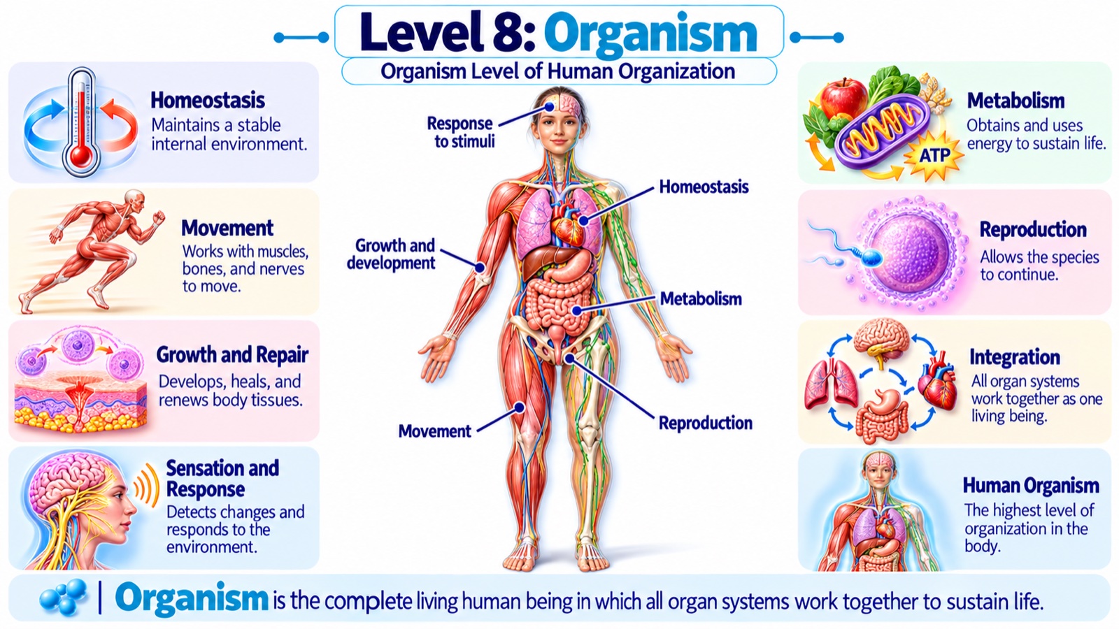 Level 8 infographic: a complete human body highlighting the characteristics of life — homeostasis, movement, growth and repair, sensation and response, metabolism, reproduction, and the integration of all organ systems into one living being