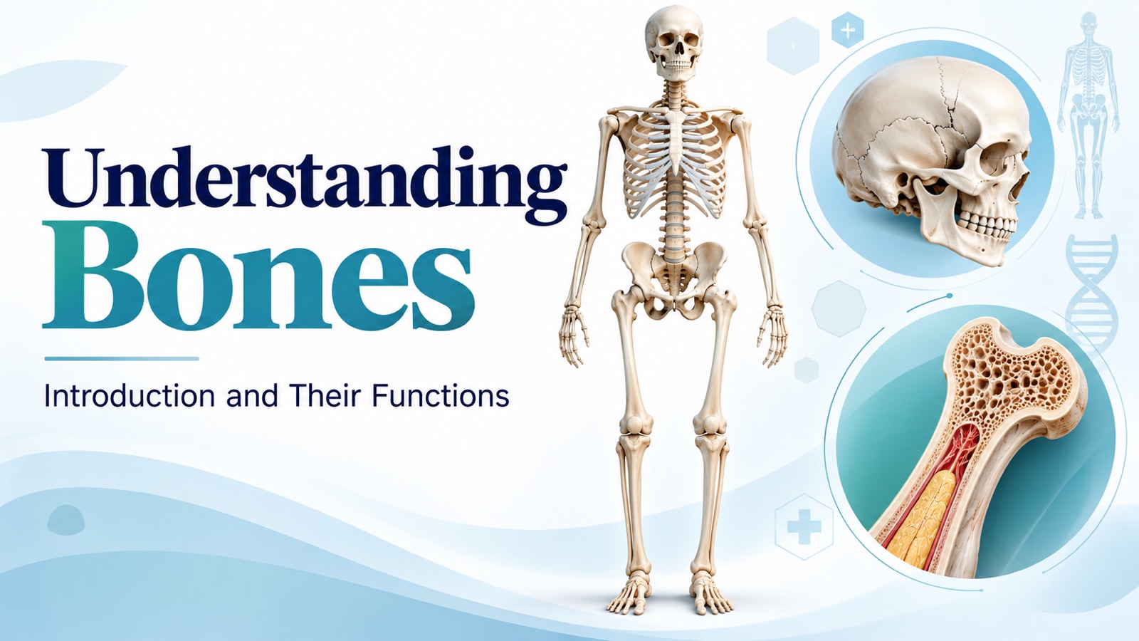 Illustration of a full human skeleton beside a close-up of a skull and a cutaway long bone showing spongy bone and marrow, titled Understanding Bones: Introduction and Their Functions