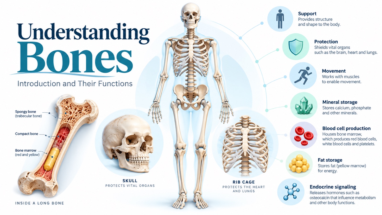 Overview infographic of the human skeleton with a cutaway long bone showing spongy bone, compact bone, and red and yellow marrow, the skull and rib cage protecting vital organs, and seven icons for the functions of bone: support, protection, movement, mineral storage, blood cell production, fat storage, and endocrine signaling