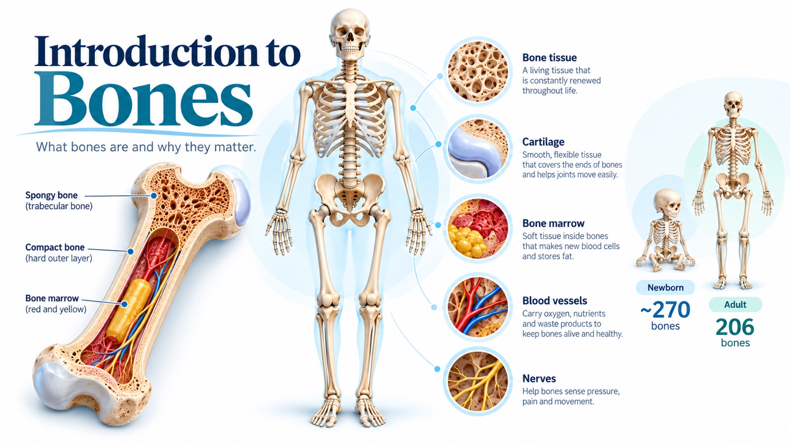 Introduction to bones infographic: a cutaway long bone showing spongy bone, compact bone, and marrow; close-ups of bone tissue, cartilage, bone marrow, blood vessels, and nerves; and a comparison of a newborn skeleton with about 270 bones and an adult skeleton with 206 bones