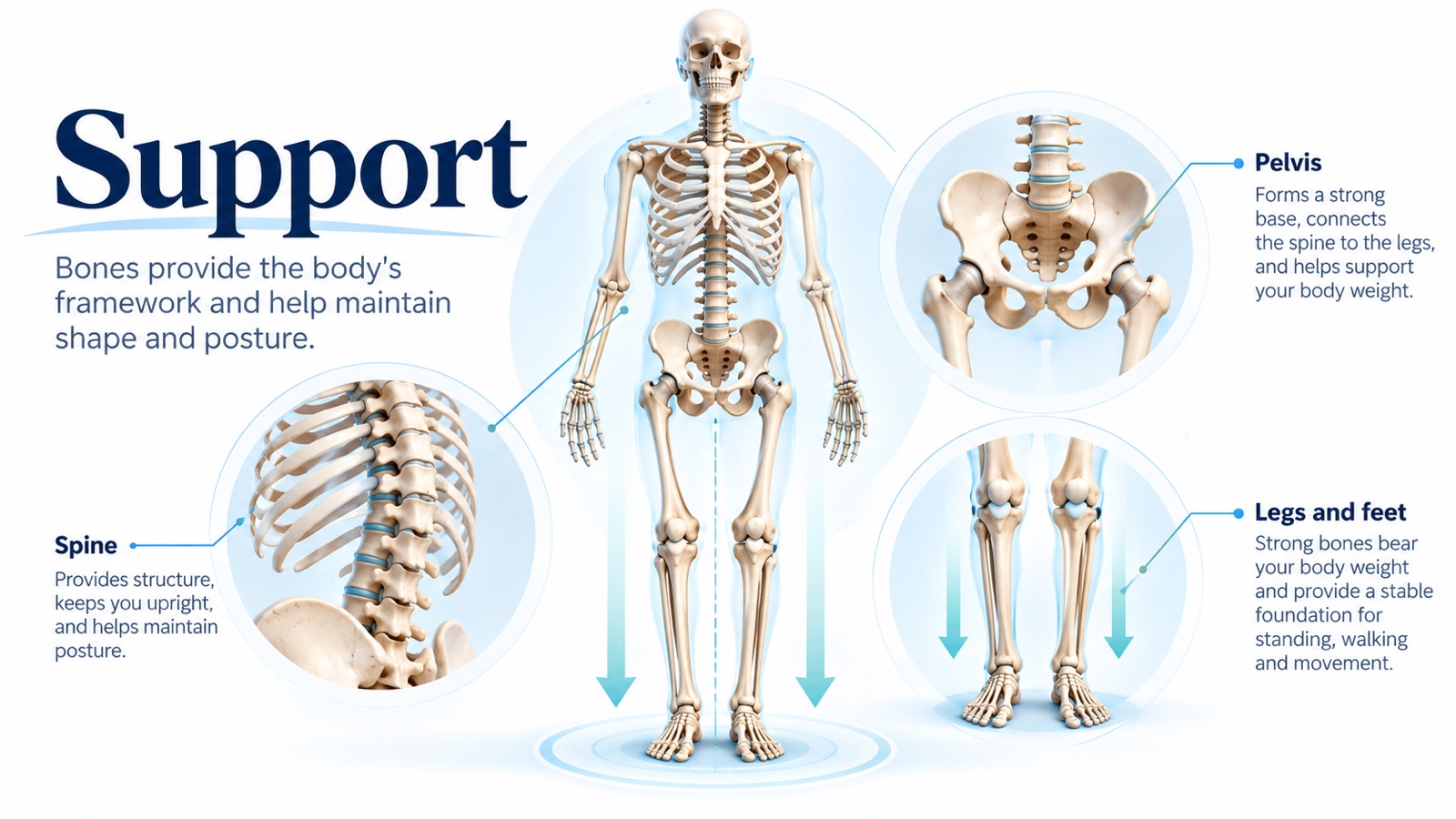 Support infographic: the skeleton as the body's framework, with close-ups of the spine keeping the body upright, the pelvis connecting the spine to the legs and supporting body weight, and the leg and foot bones bearing weight for standing and walking