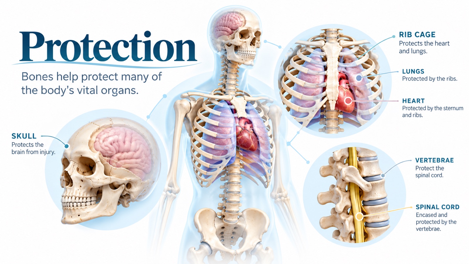 Protection infographic: the skull protecting the brain, the rib cage and sternum protecting the heart and lungs, and the vertebrae encasing and protecting the spinal cord