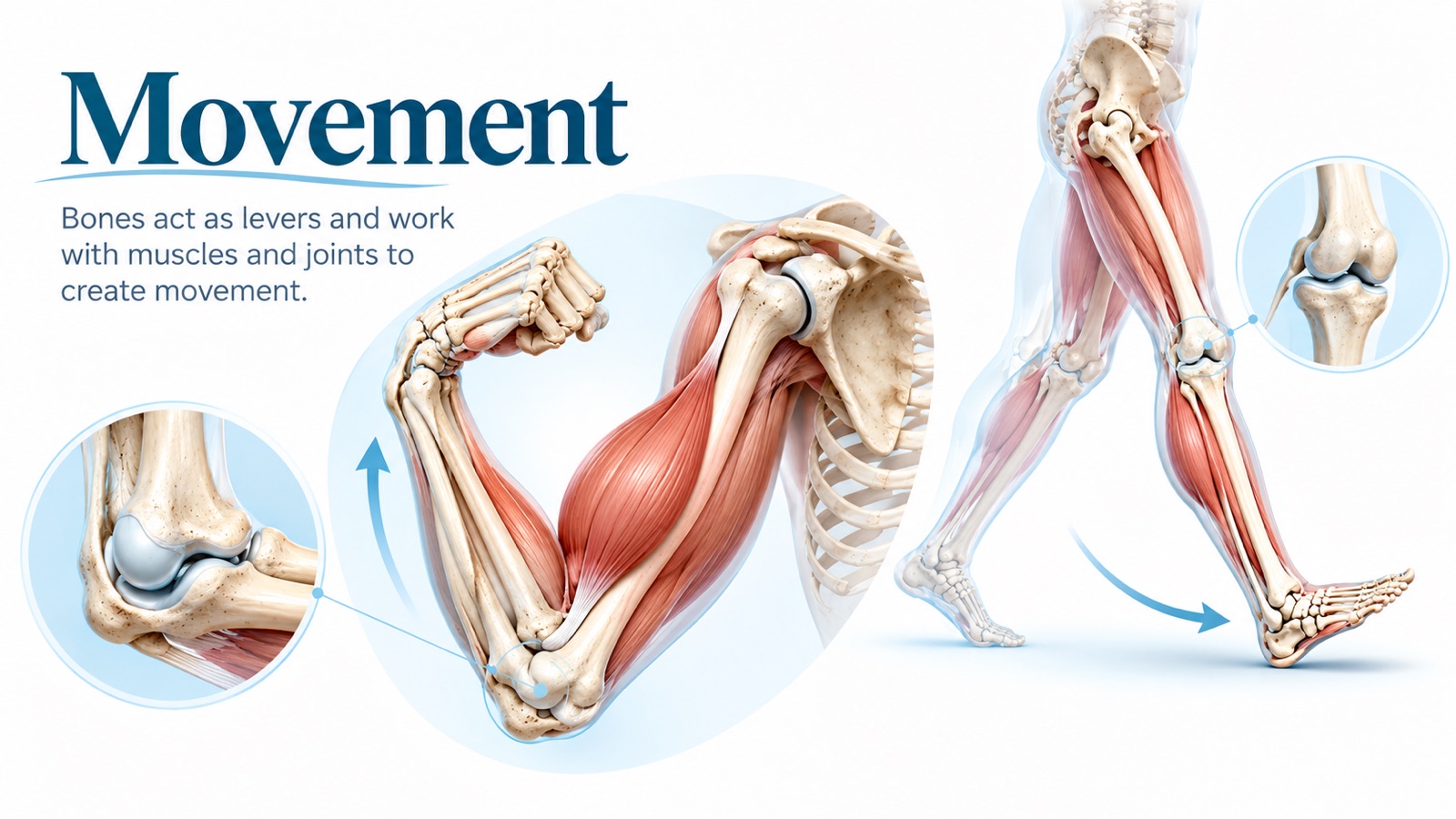 Movement infographic: arm bones and the biceps muscle flexing the elbow, leg bones and muscles during walking, and close-ups of the elbow and knee joints acting as pivot points