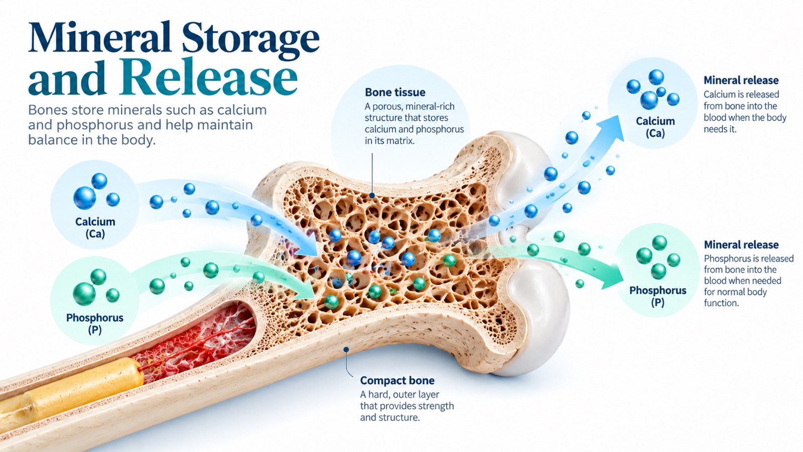 Mineral storage infographic: calcium and phosphorus moving into the porous, mineral-rich matrix of bone tissue and being released from bone into the blood when the body needs them, with the hard compact outer layer labeled