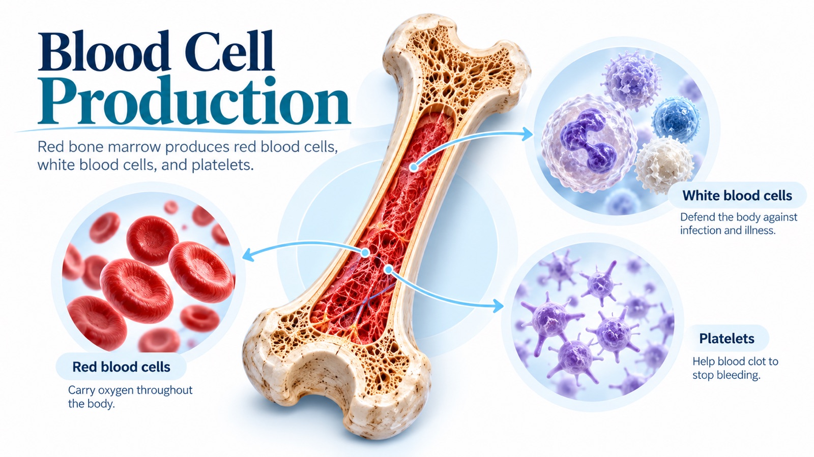 Blood cell production infographic: red bone marrow inside a long bone producing red blood cells that carry oxygen, white blood cells that fight infection, and platelets that help blood clot