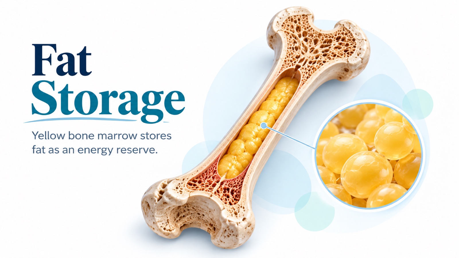 Fat storage infographic: a long bone cut open to show yellow bone marrow filling the medullary cavity, with a close-up of the fat cells that store energy