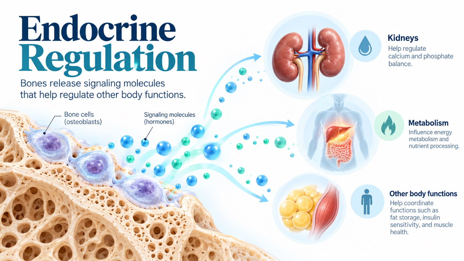 Endocrine regulation infographic: osteoblasts in bone tissue releasing signaling molecules that travel to the kidneys to help regulate calcium and phosphate balance, to organs involved in energy metabolism, and to fat and muscle tissue