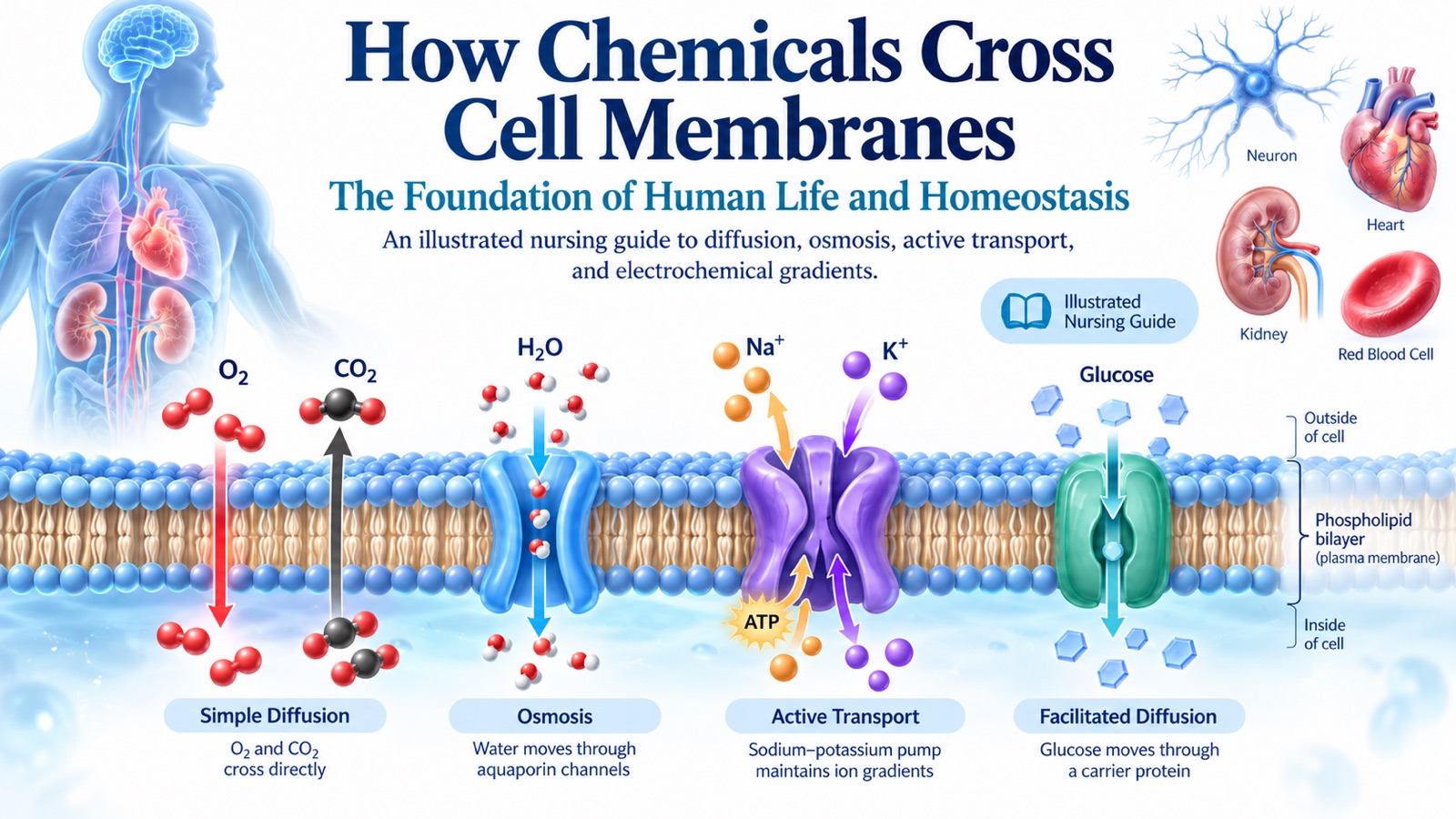 Illustrated cell membrane showing oxygen and carbon dioxide diffusing through the lipid bilayer, water passing through an aquaporin, the sodium–potassium pump using ATP, and glucose moving through a carrier protein, with a neuron, heart, kidney, and red blood cell in the background