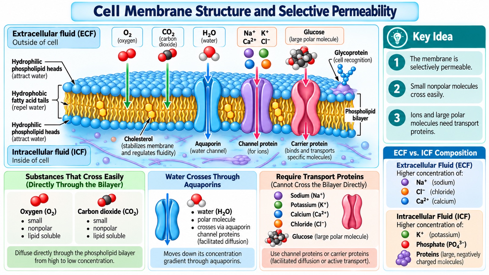 Cell membrane infographic: a phospholipid bilayer with hydrophilic heads, hydrophobic tails, cholesterol, an aquaporin, an ion channel, a glucose carrier, and a glycoprotein, showing O₂ and CO₂ crossing directly while ions and glucose need transport proteins, plus a comparison of extracellular and intracellular fluid composition