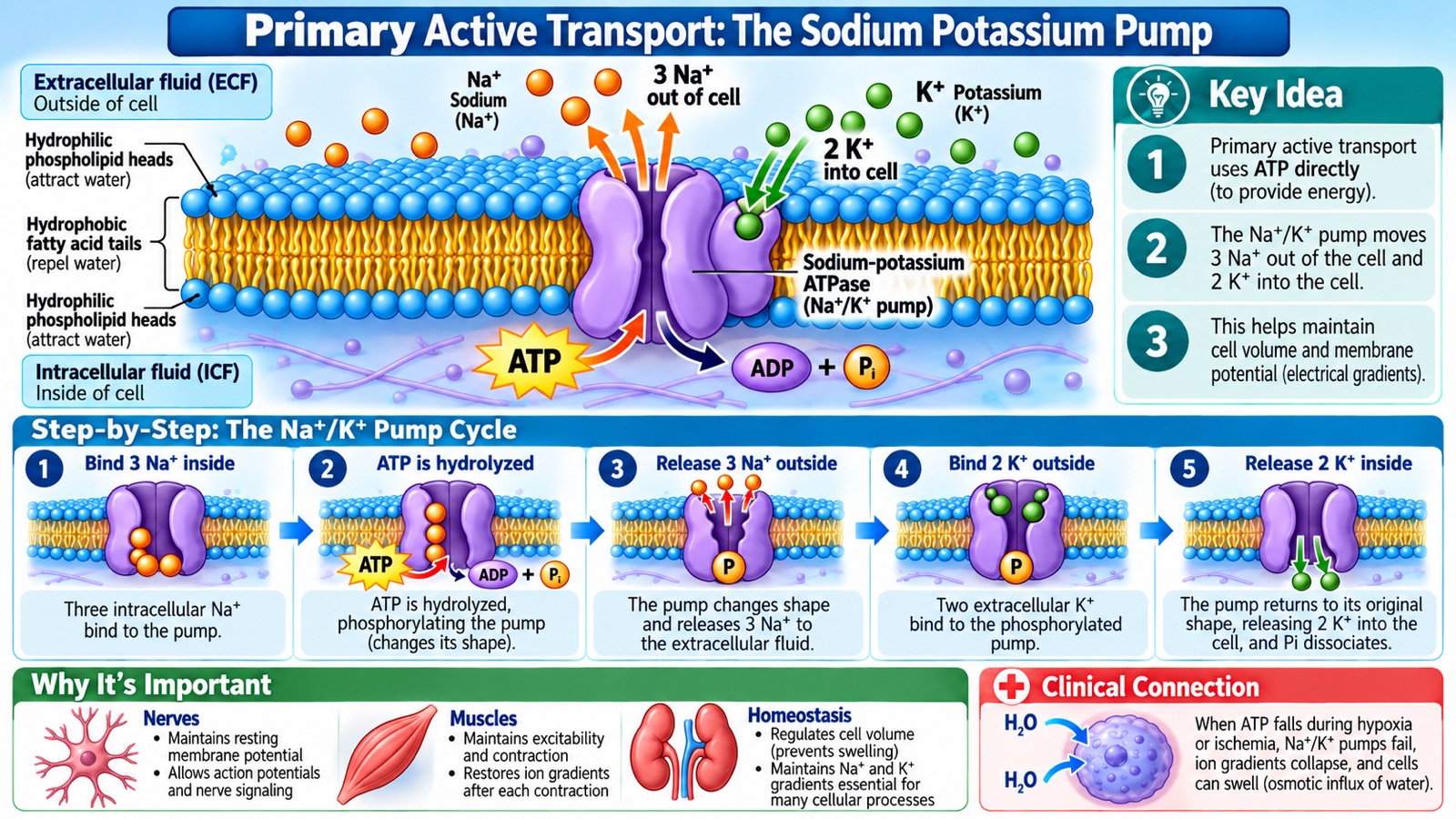 Sodium–potassium pump infographic: the Na⁺/K⁺ ATPase using ATP to move three sodium ions out and two potassium ions into the cell, a five-step pump cycle, why the pump matters for nerves, muscles, and cell volume, and cell swelling when ATP fails during hypoxia