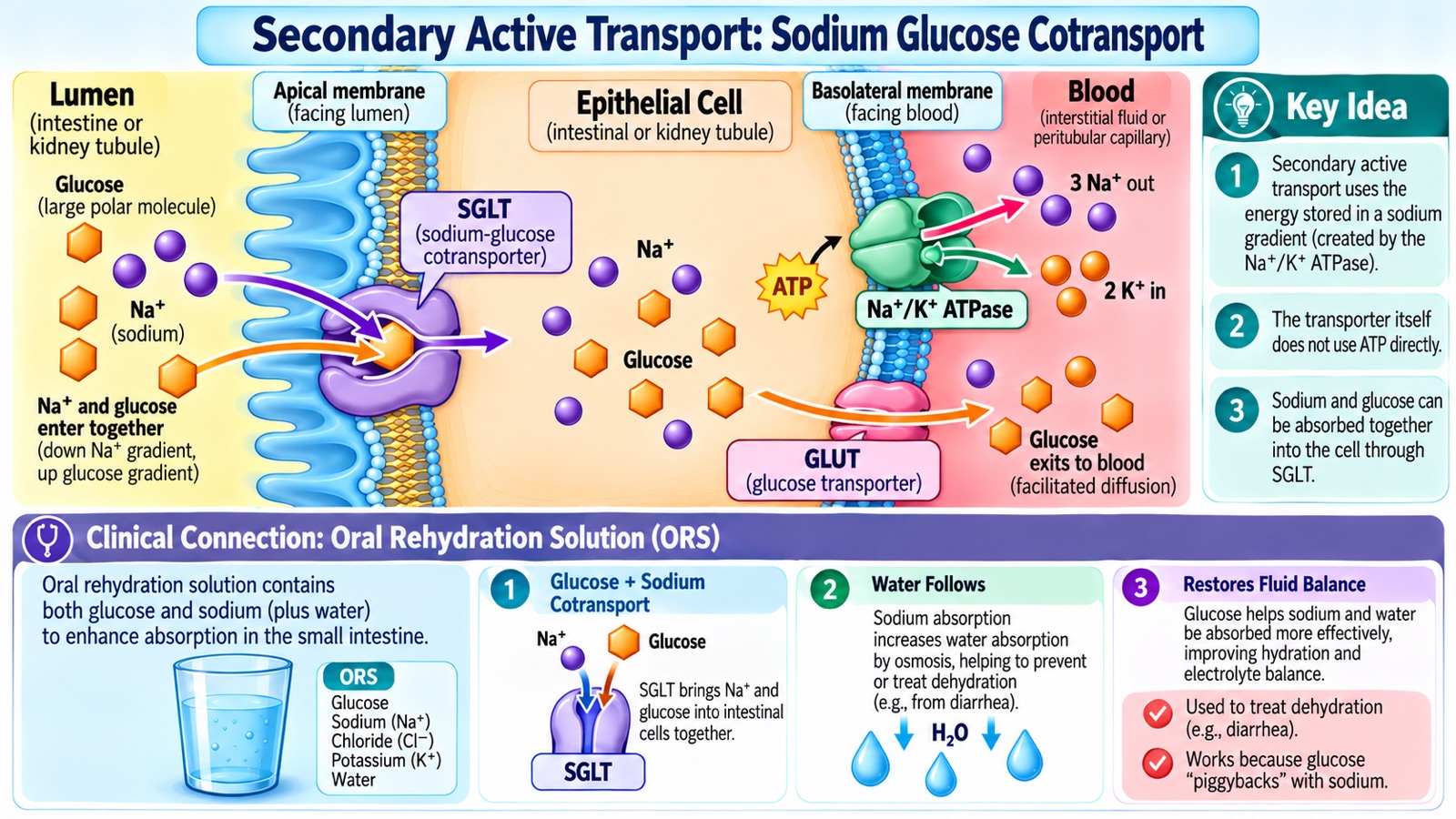 Secondary active transport infographic: sodium and glucose entering an intestinal epithelial cell together through SGLT on the apical membrane, glucose exiting to the blood through GLUT, and the basolateral Na⁺/K⁺ ATPase maintaining the sodium gradient, with a panel explaining how oral rehydration solution works