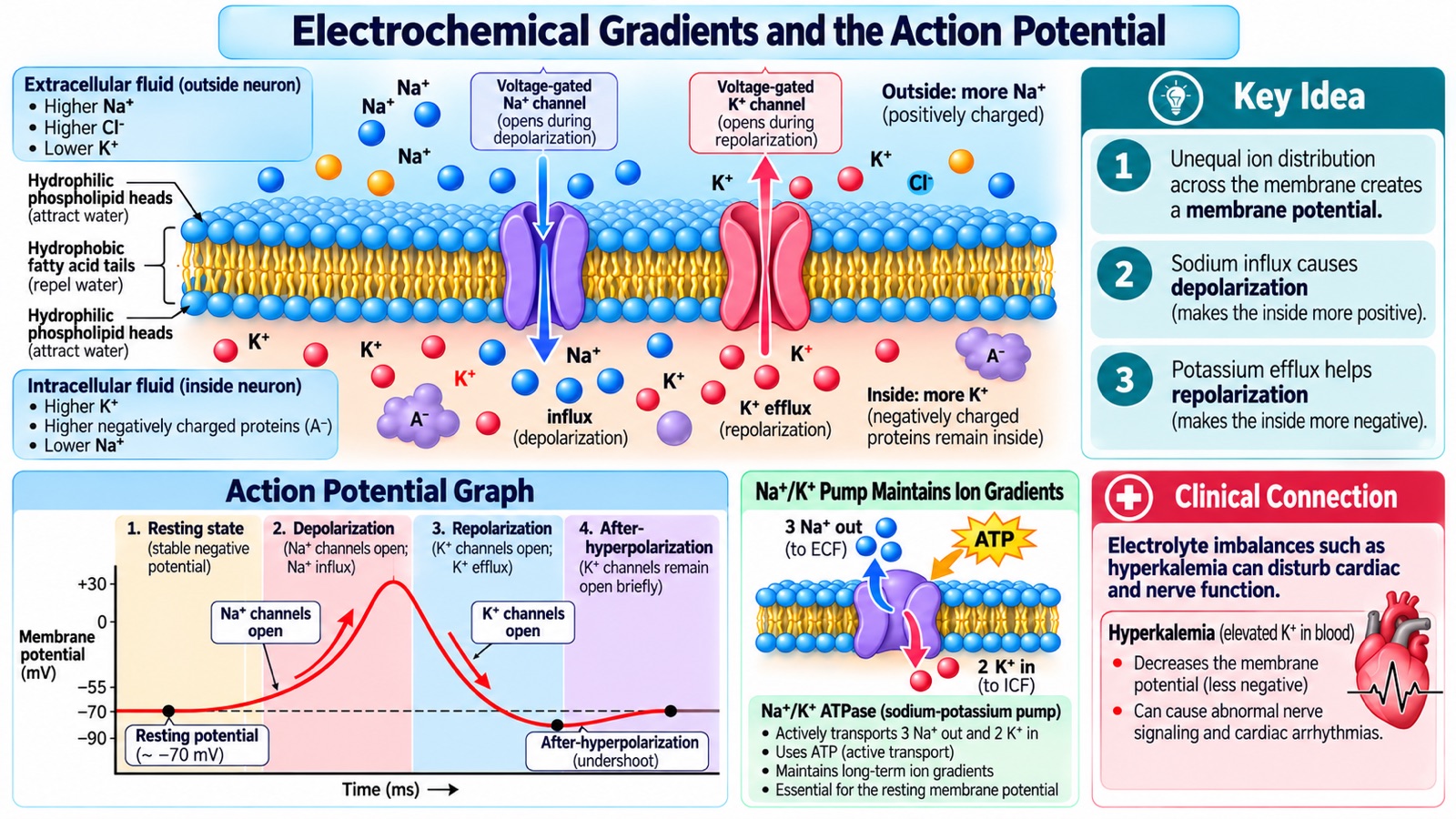 Action potential infographic: voltage-gated sodium channels letting Na⁺ in during depolarization and potassium channels letting K⁺ out during repolarization, an action potential graph from a −70 mV resting potential through afterhyperpolarization, and how hyperkalemia disturbs cardiac rhythm