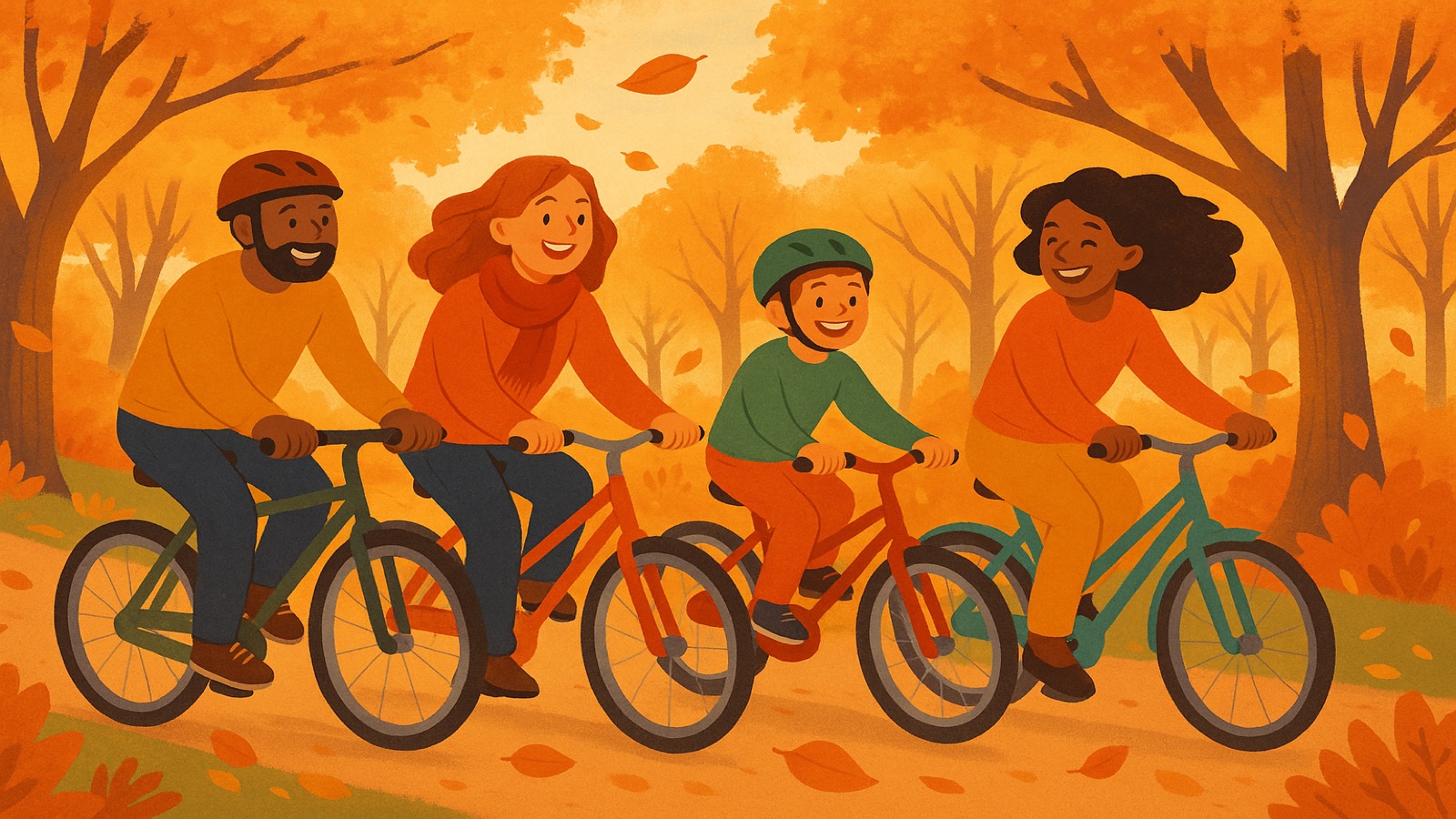 Cyclist on an autumn tree-lined path with seasonal foliage and riding gear