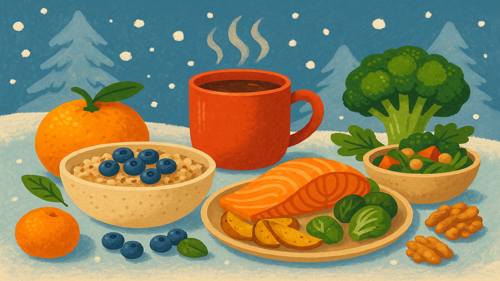 Cozy winter spread of nourishing seasonal foods for December wellness