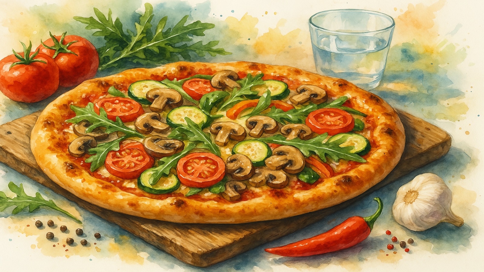 Pizza with colorful healthy vegetable toppings on a cheerful table