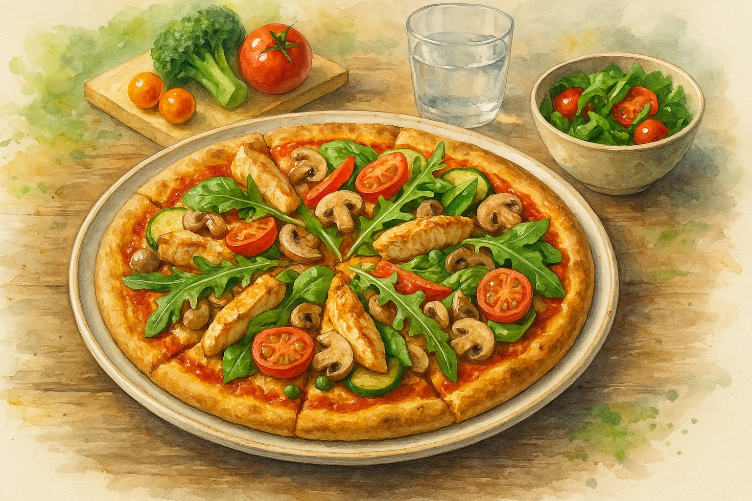 Thin-crust pizza with colorful vegetable toppings