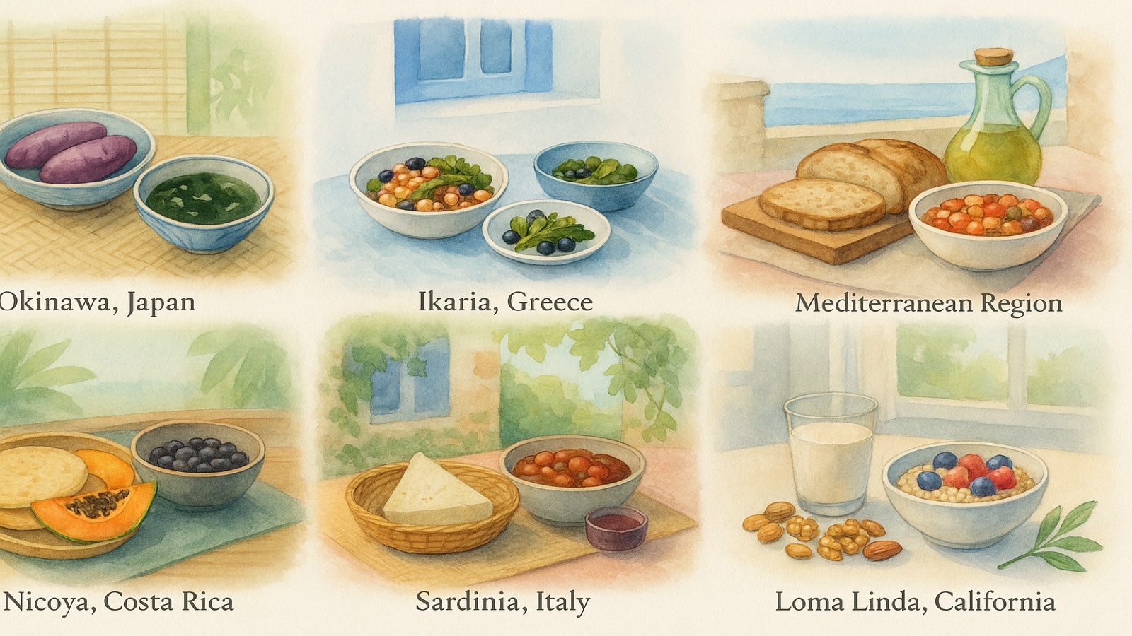 Colorful spread representing longevity diets from six cultures around the world