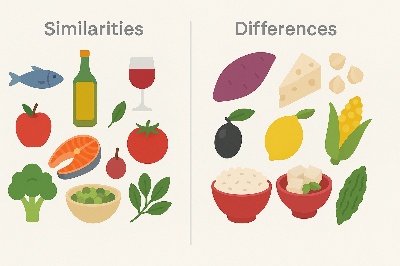 Illustration comparing similarities and differences among global longevity diets