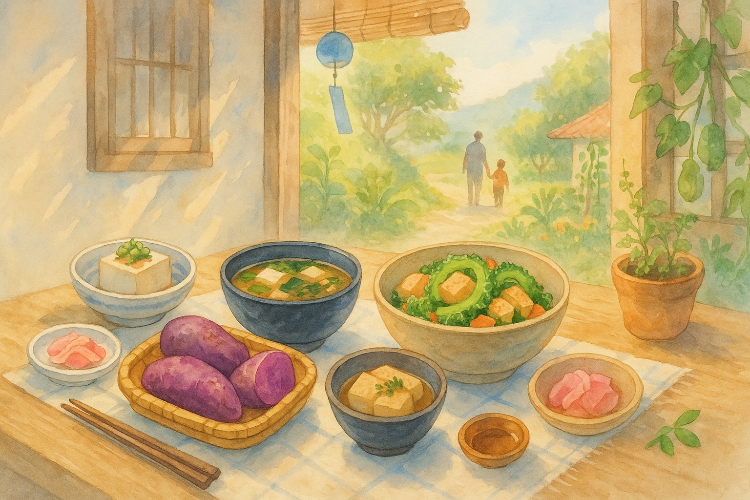 Traditional Okinawan foods including purple sweet potatoes and plant-based dishes
