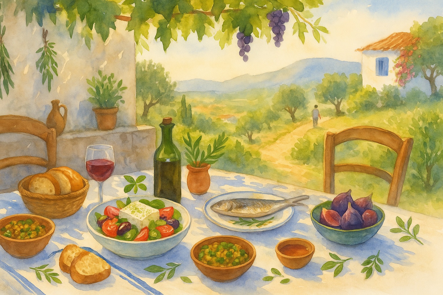Mediterranean meal with olive oil, vegetables, legumes, and fresh herbs
