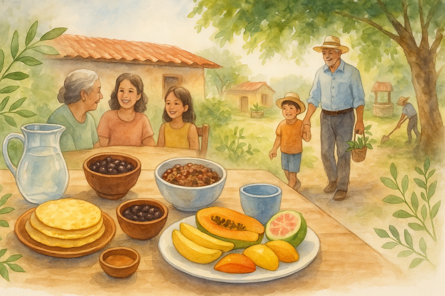 Nicoyan staples including corn, beans, squash, and tropical fruits