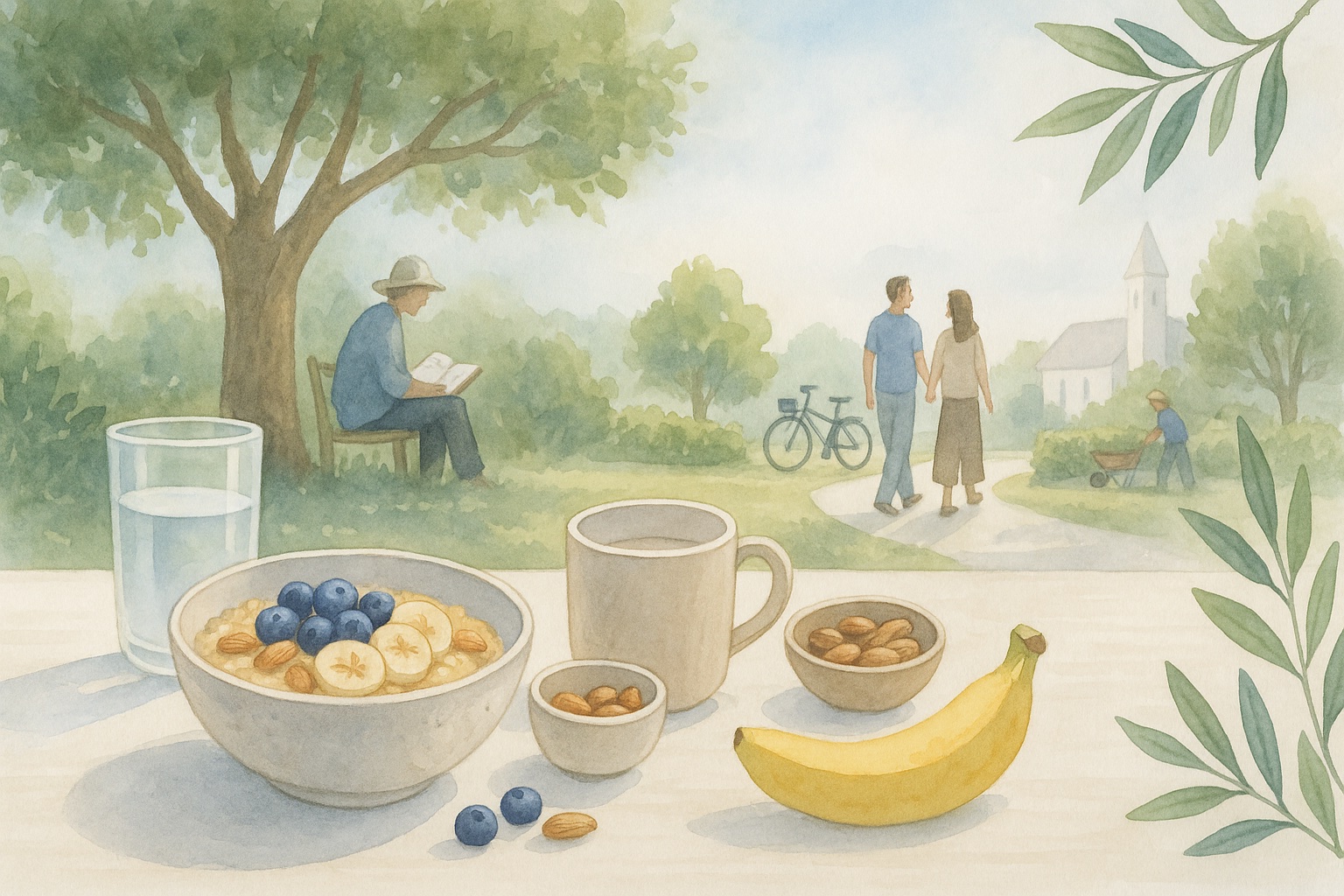 Plant-forward Loma Linda Adventist meal with whole grains, legumes, and nuts