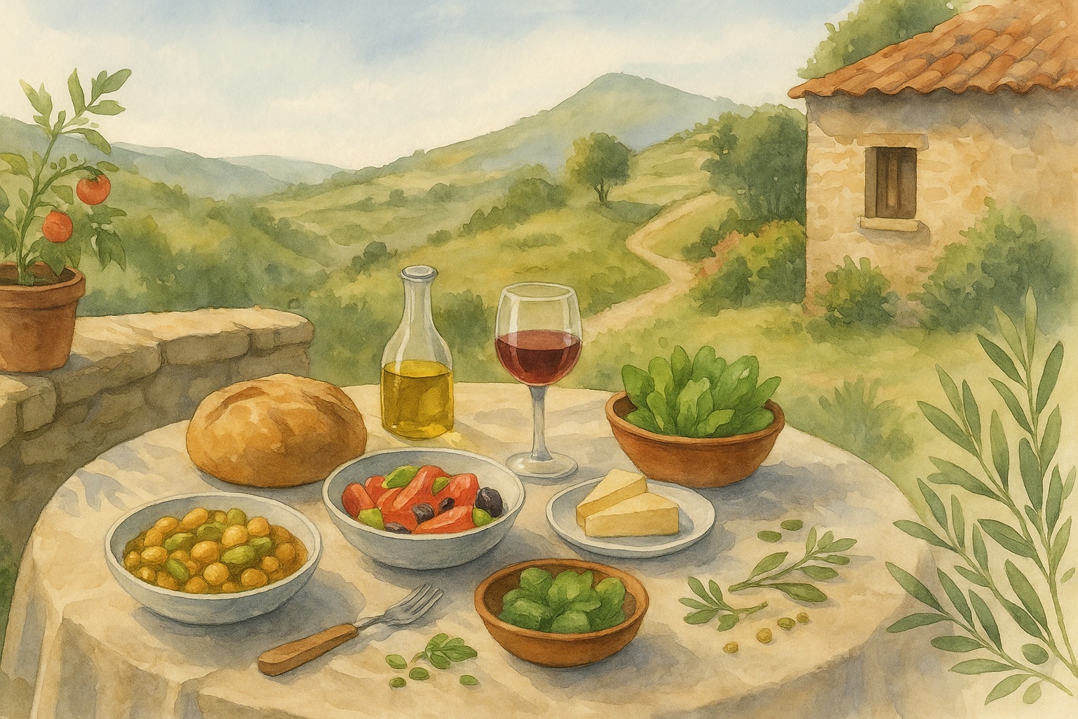 Sardinian bread, beans, vegetables, and olive oil on a rustic table