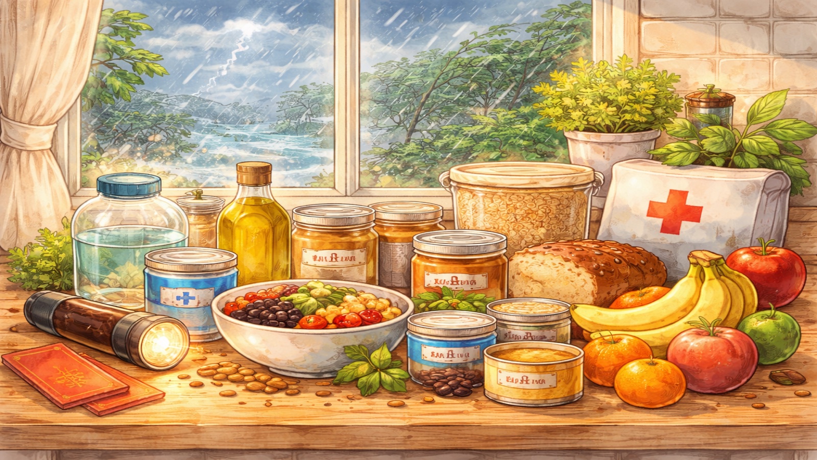 Storm-ready pantry foods and supplies arranged for emergency nutrition