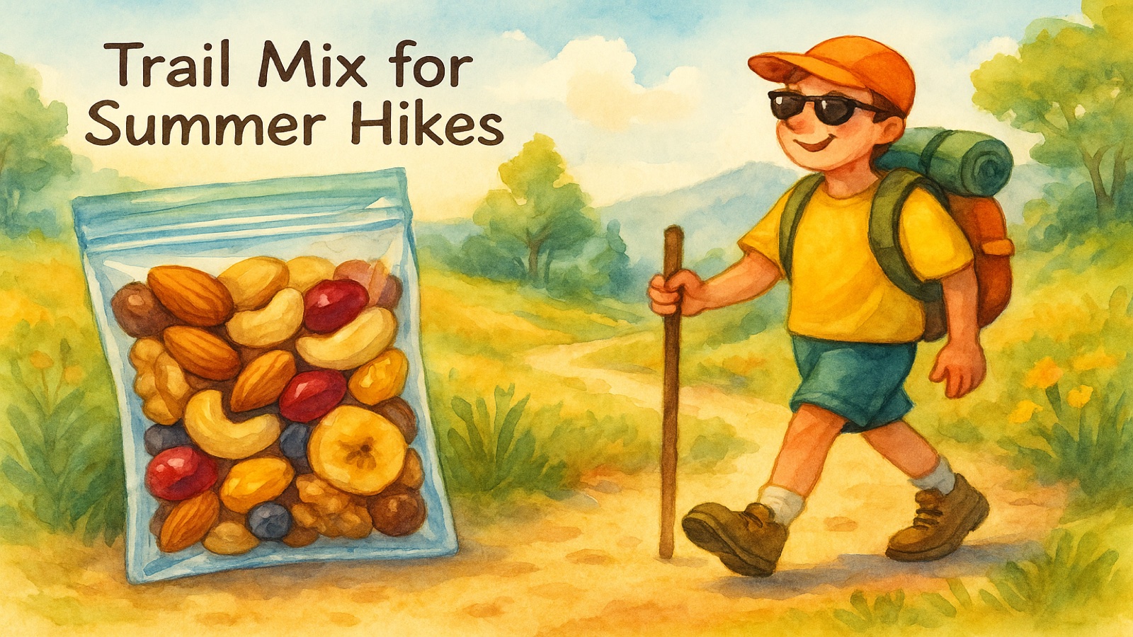 Handful of trail mix with nuts, dried fruit, and seeds against a summer hiking backdrop