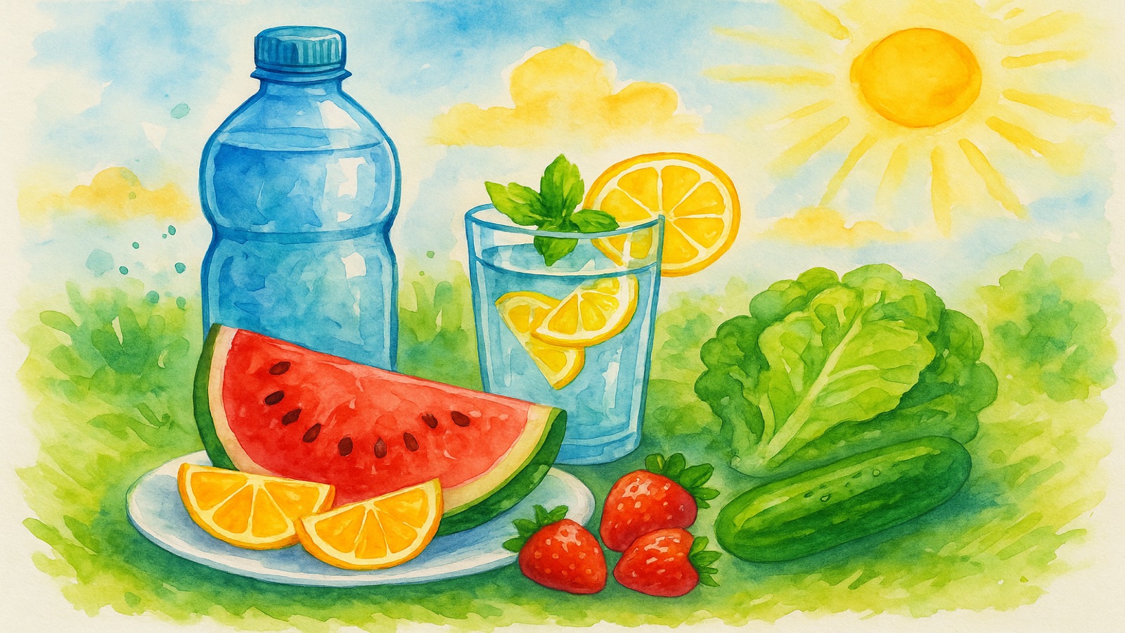 Summer table with water-rich fruits and a cold glass of water
