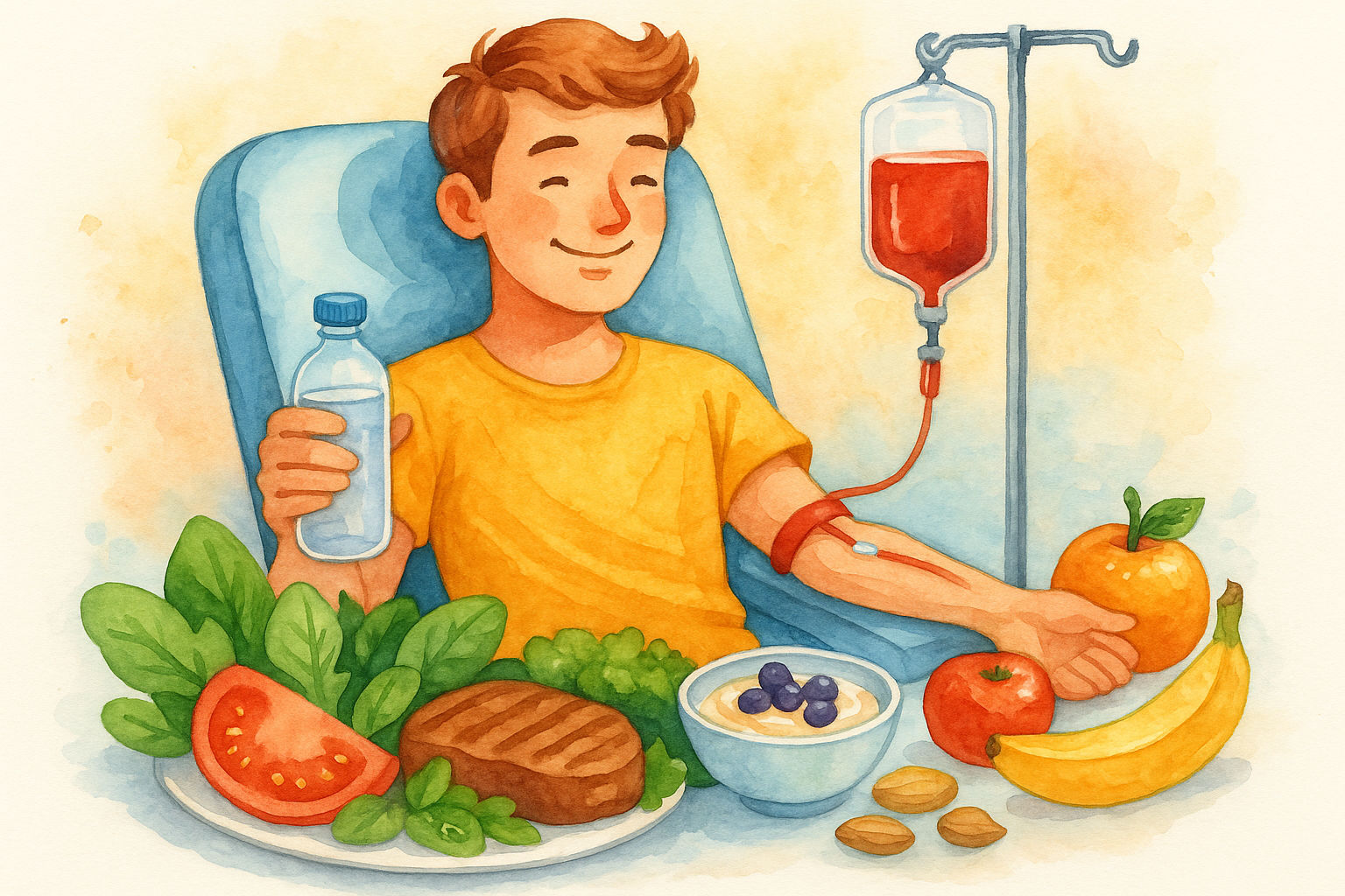 Iron-rich foods including leafy greens, lentils, and lean meat to prepare for blood donation