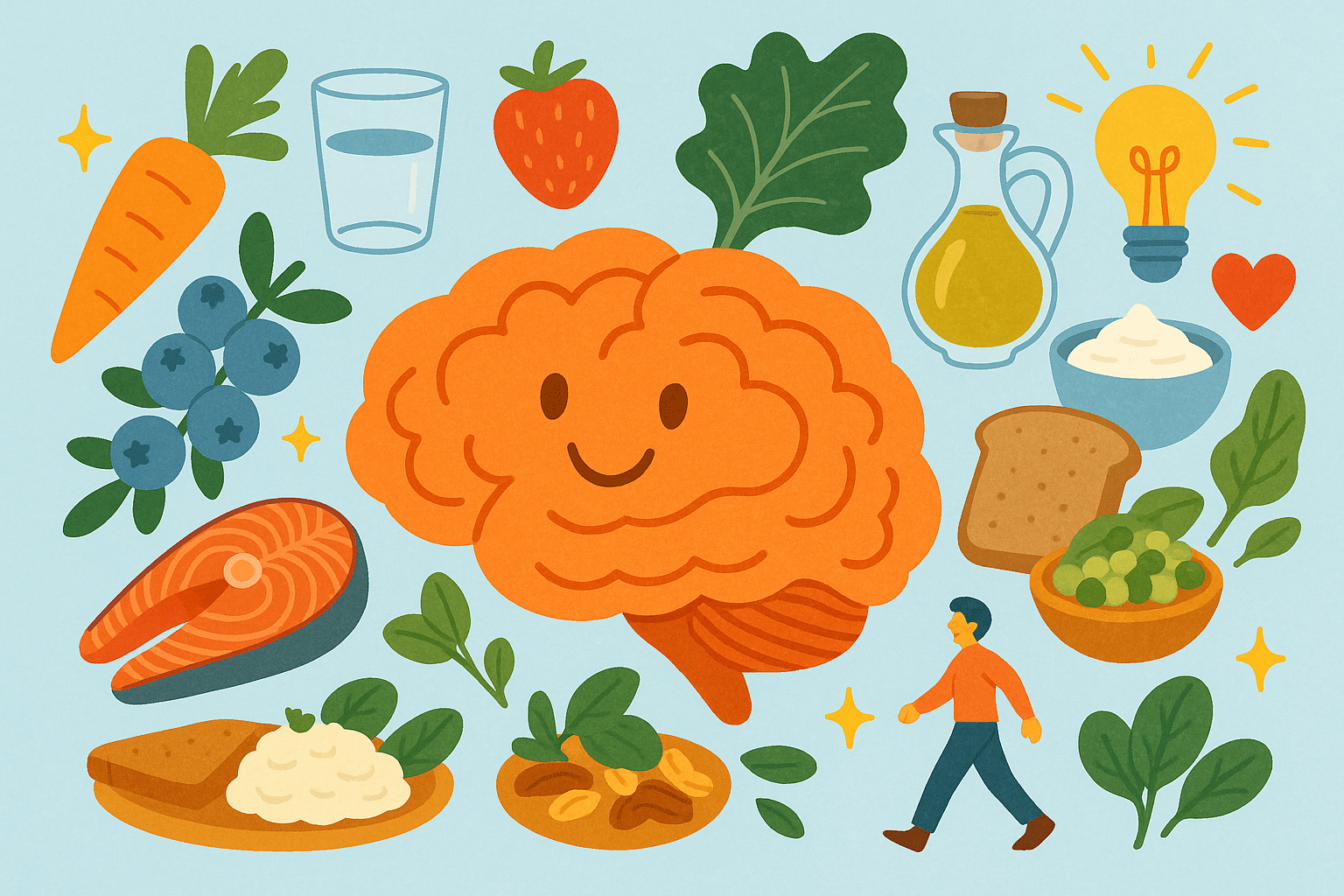 Brain-forward meal with leafy greens, berries, walnuts, salmon, and whole grains