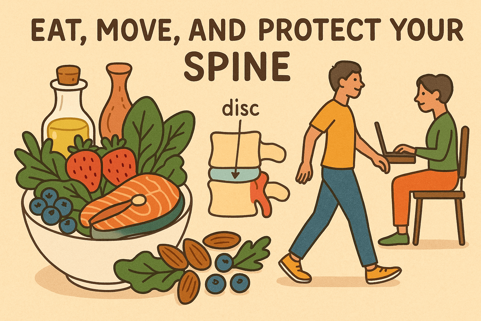 Spine-supporting foods including colorful berries, leafy greens, fish, and olive oil