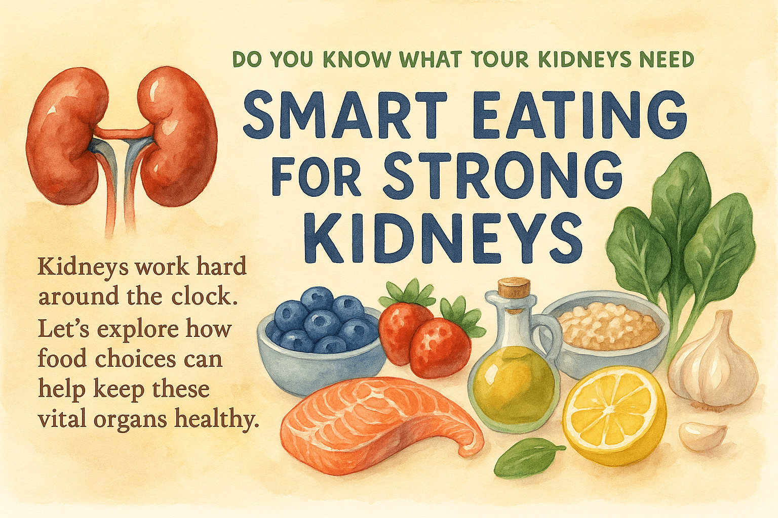 Kidney-supportive foods including berries, leafy greens, fish, and whole grains