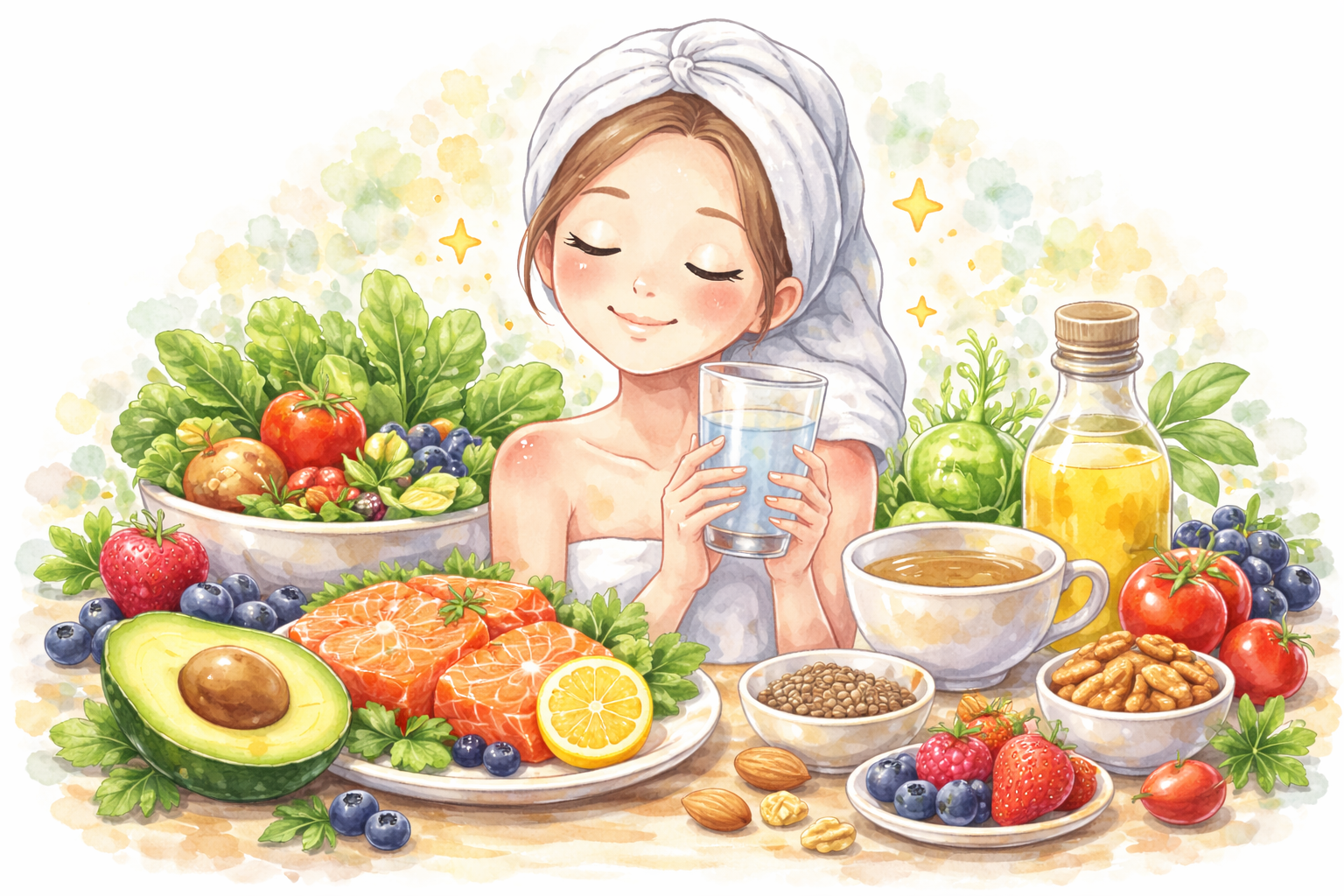 Skin-nourishing foods including berries, salmon, and leafy greens on a bright background