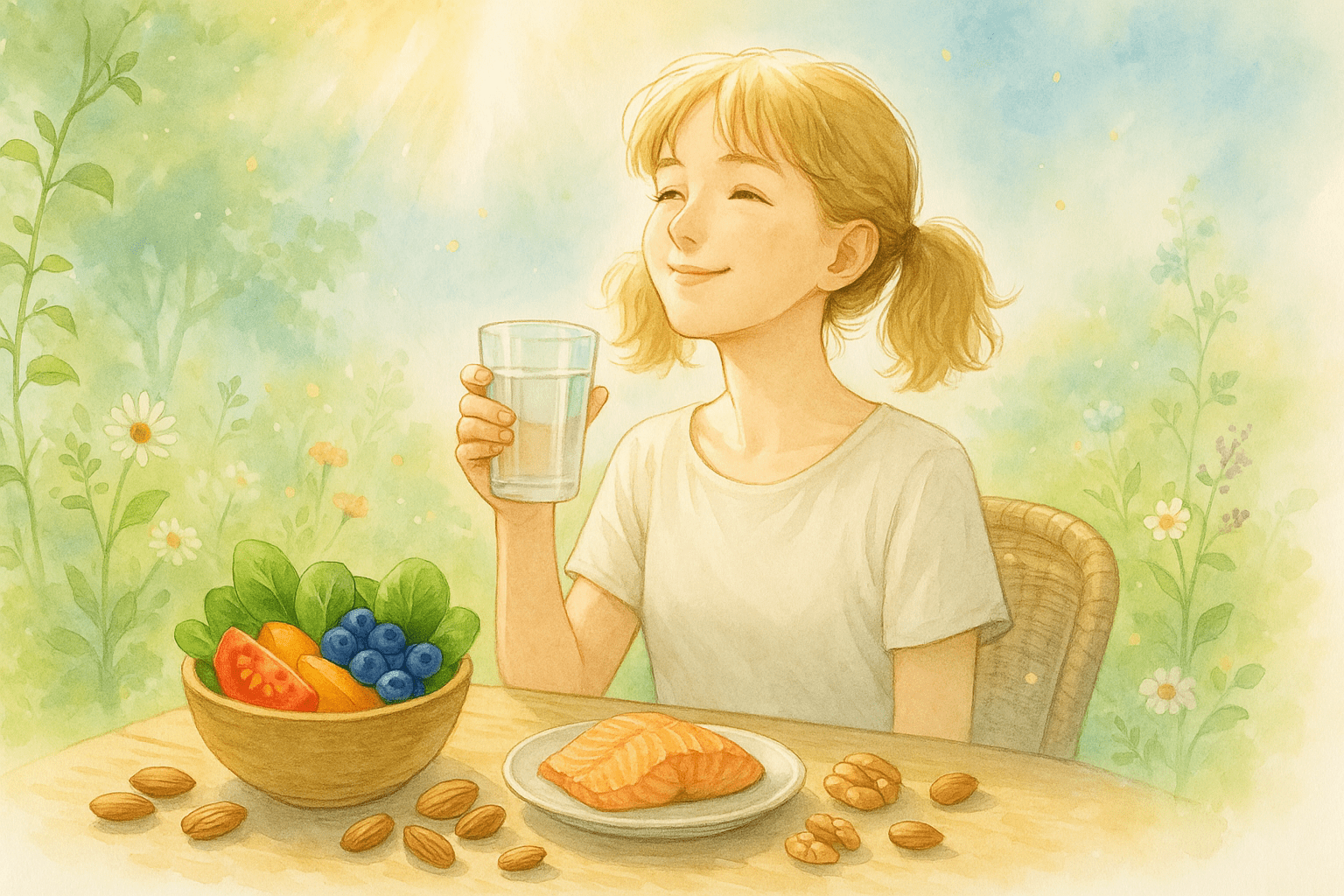 UV-protective foods including tomatoes, berries, green tea, salmon, and dark chocolate