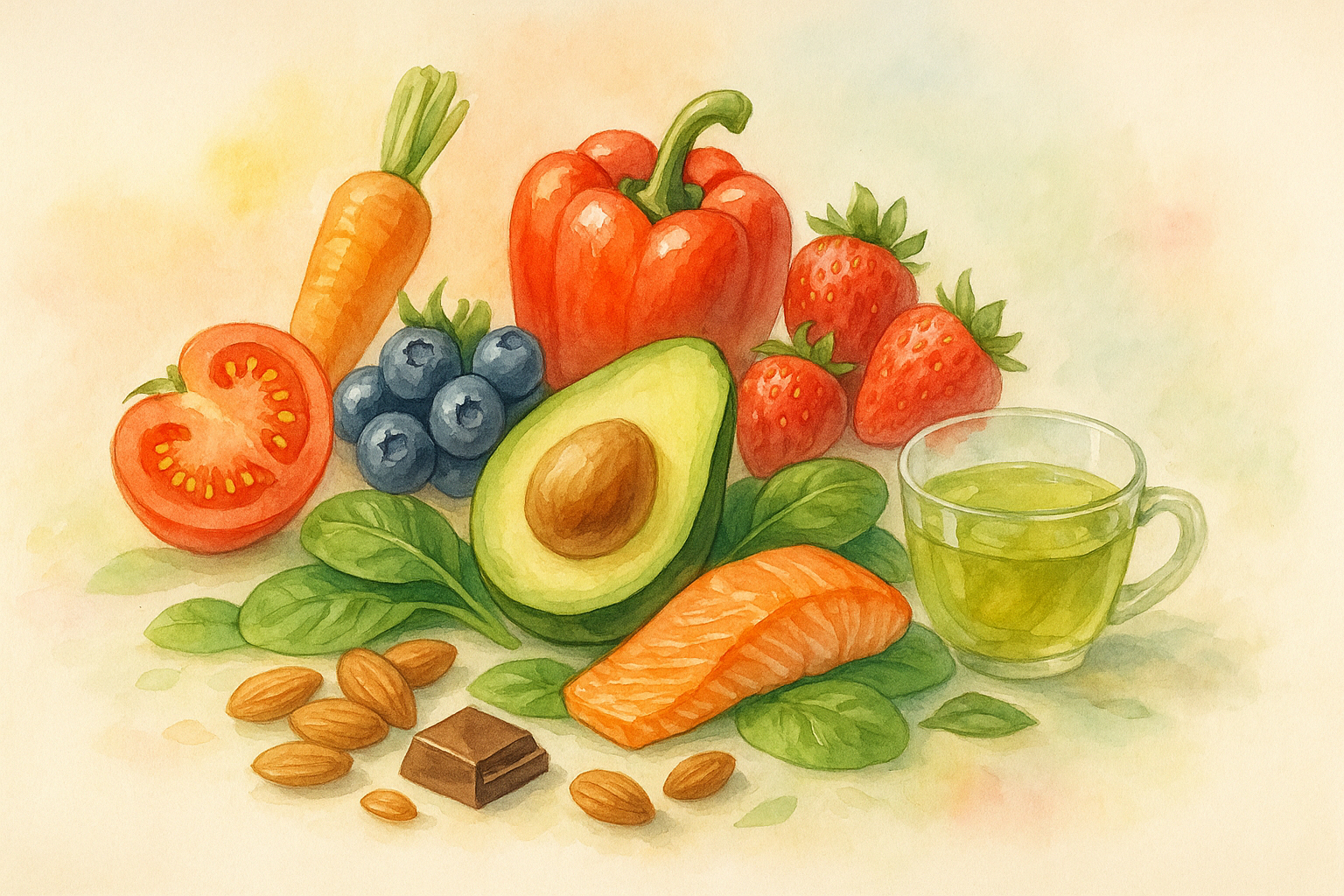 Skin health foods for UV protection including berries, salmon, and vegetables