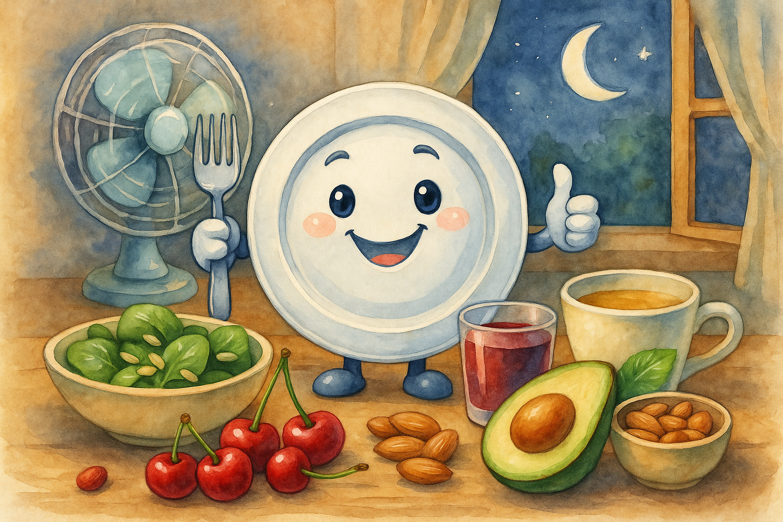 Cool bedroom setup with magnesium-rich foods like almonds and spinach for summer sleep support