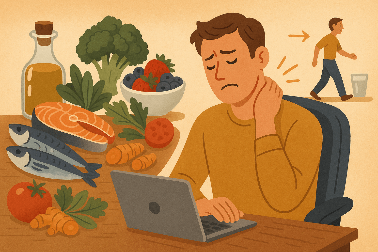Anti-inflammatory foods including berries, salmon, and olive oil alongside ergonomic desk setup