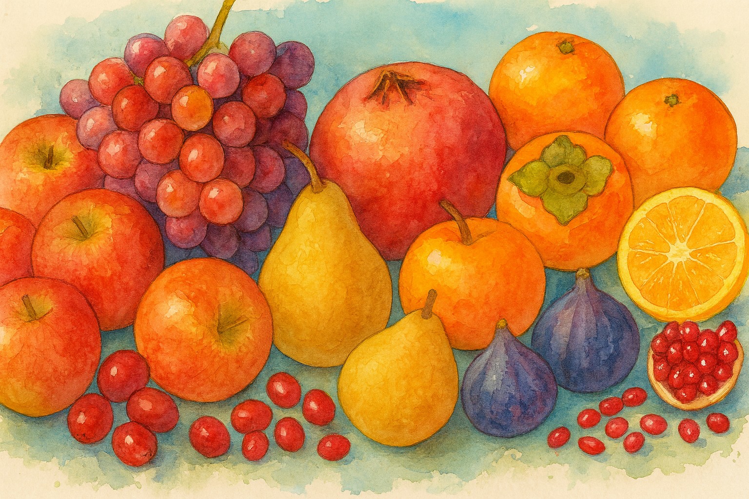 Assortment of colorful autumn fruits including apples, pears, and pomegranates in a basket