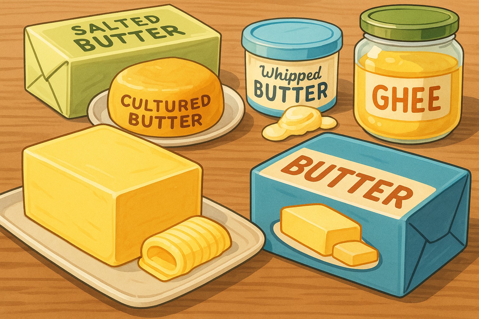 Assortment of butter varieties on a kitchen counter including salted and cultured options
