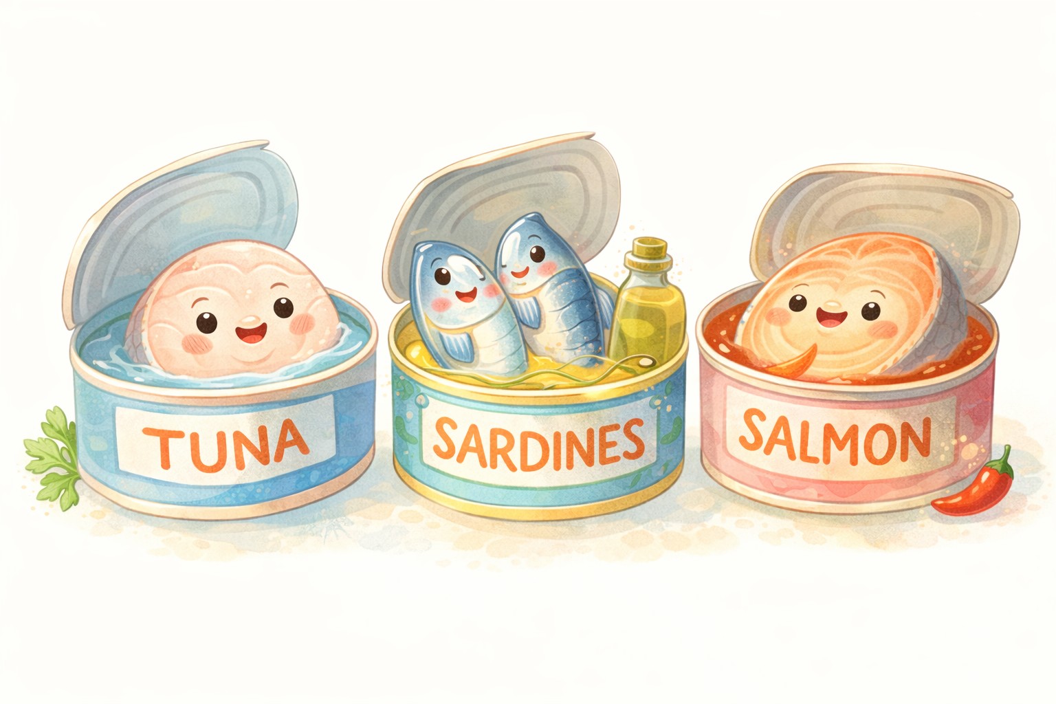 Assortment of canned fish varieties including tuna, sardines, and salmon on a pantry shelf