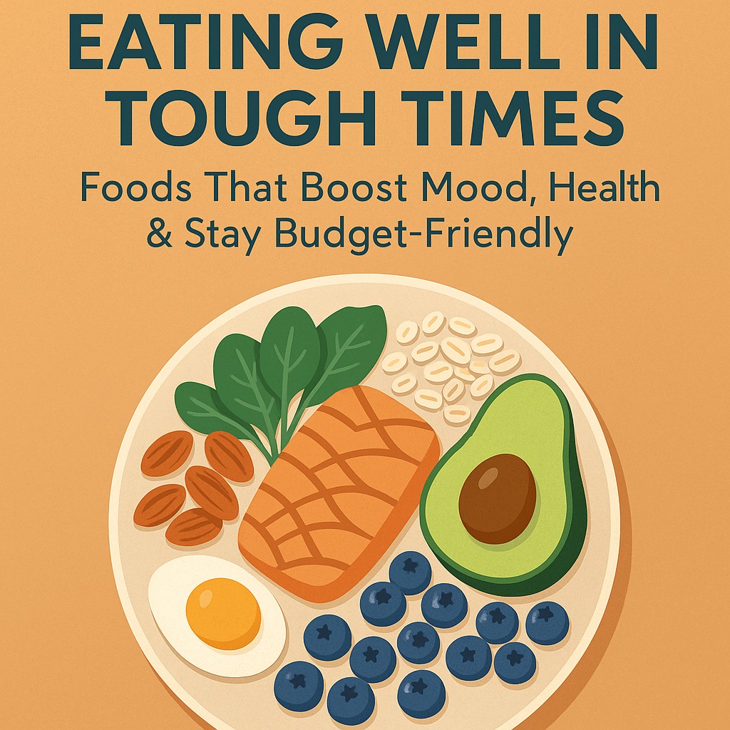 Colorful affordable mood-boosting foods including oats, bananas, lentils, and dark chocolate
