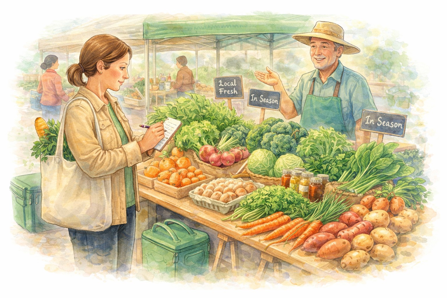 Colorful fresh produce displayed at a spring farmers market stall