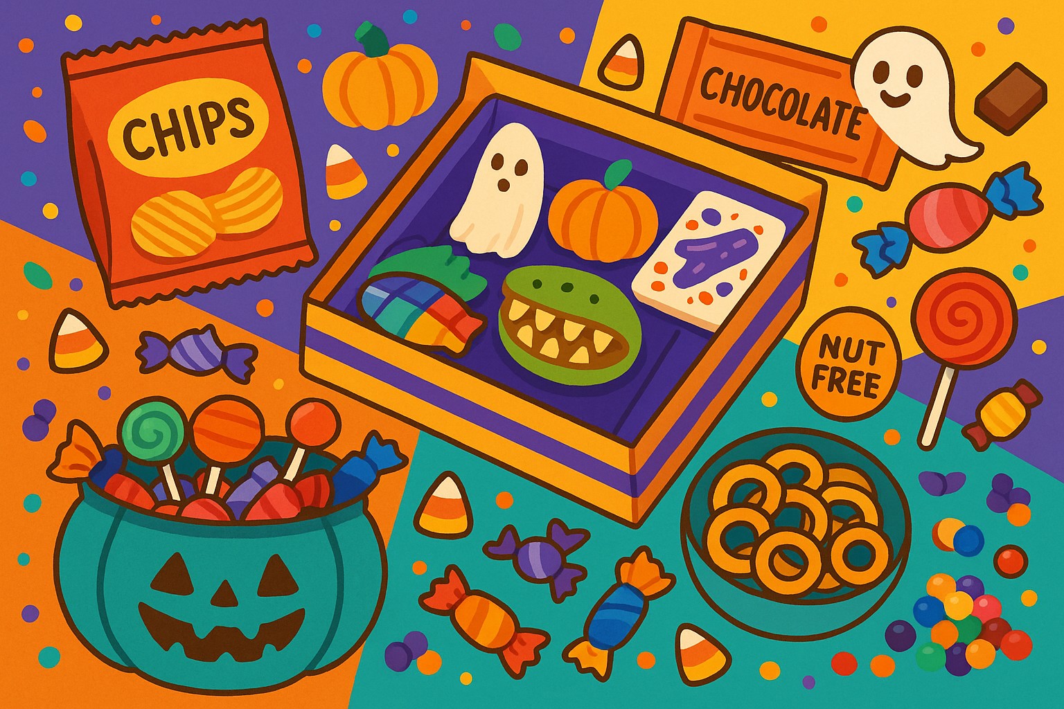 Colorful assortment of Halloween candy and treats in a bowl